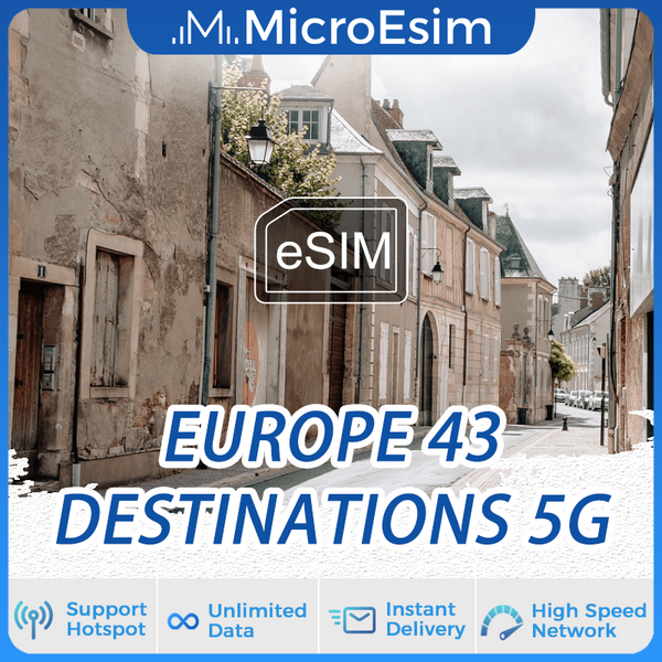 Europe 43 Destinations Travel eSIM 5G